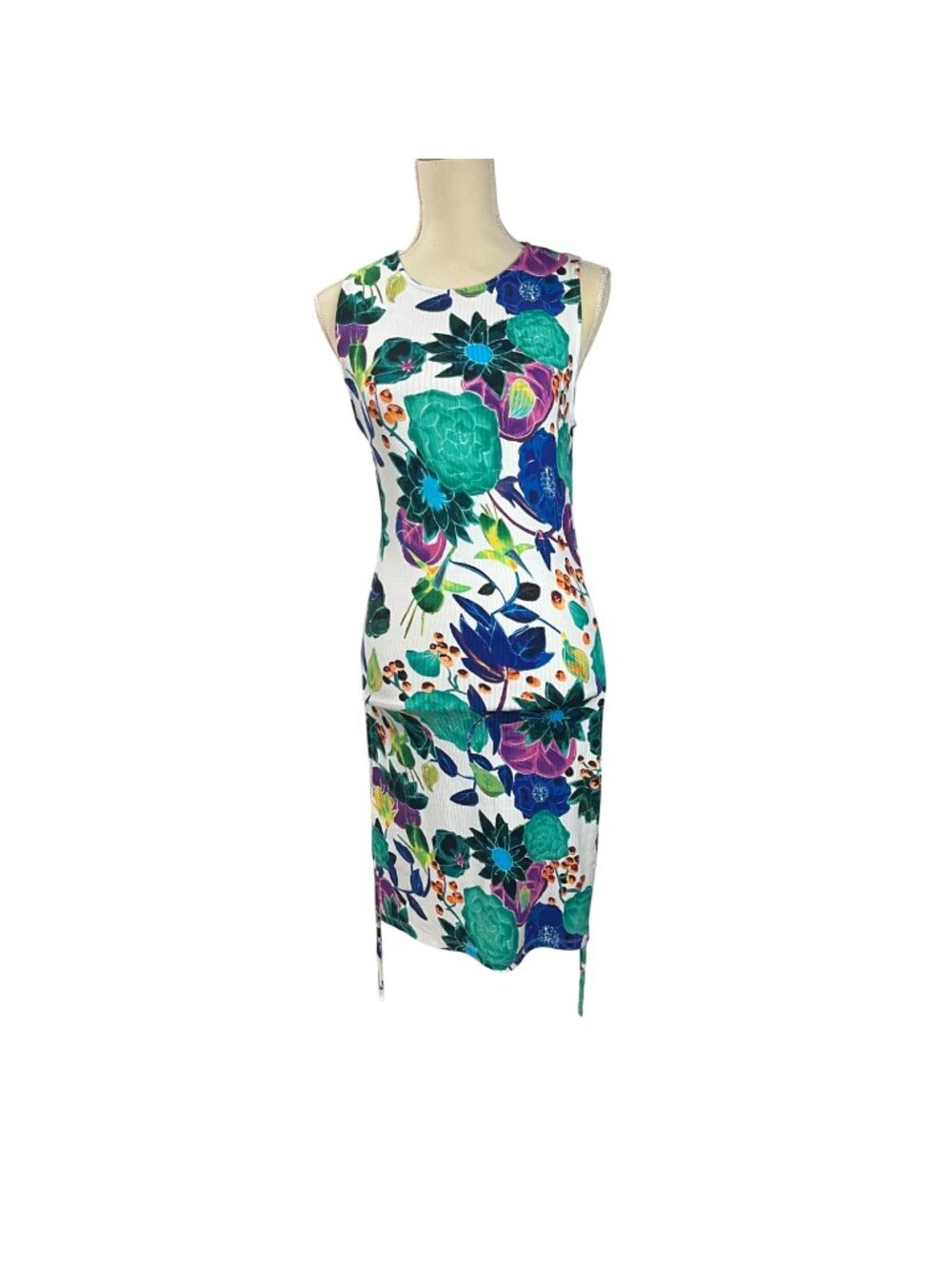 Desigual Floral Ribbed Dijon Sheath Dress Womens Size Medium Viscose Ruched Side